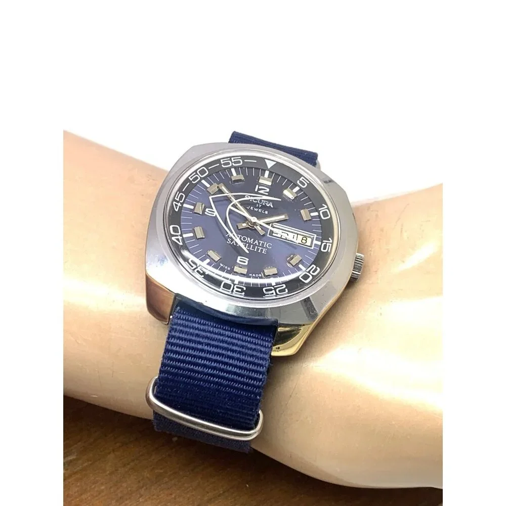 Sicura Men's Watch Satellite Swiss Automatic Blue Dial Day Date Nylon Strap 42mm